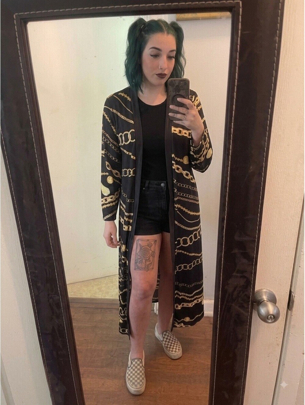 Women's Black & Gold Chain Print Duster Cardigan Long Open Front Kimono Robe L